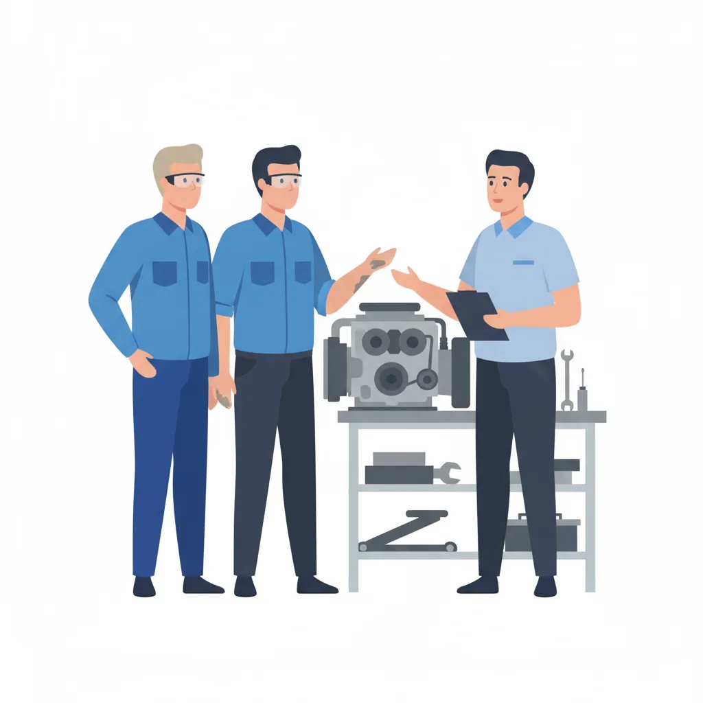 Illustratie van drie mannen rond een motorblok