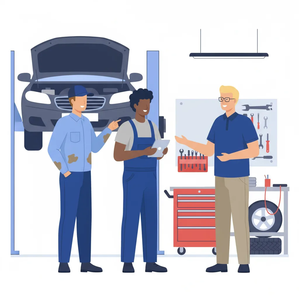 Illustratie van drie mannen in een werkplaats bij een gereedschapskar en autolift