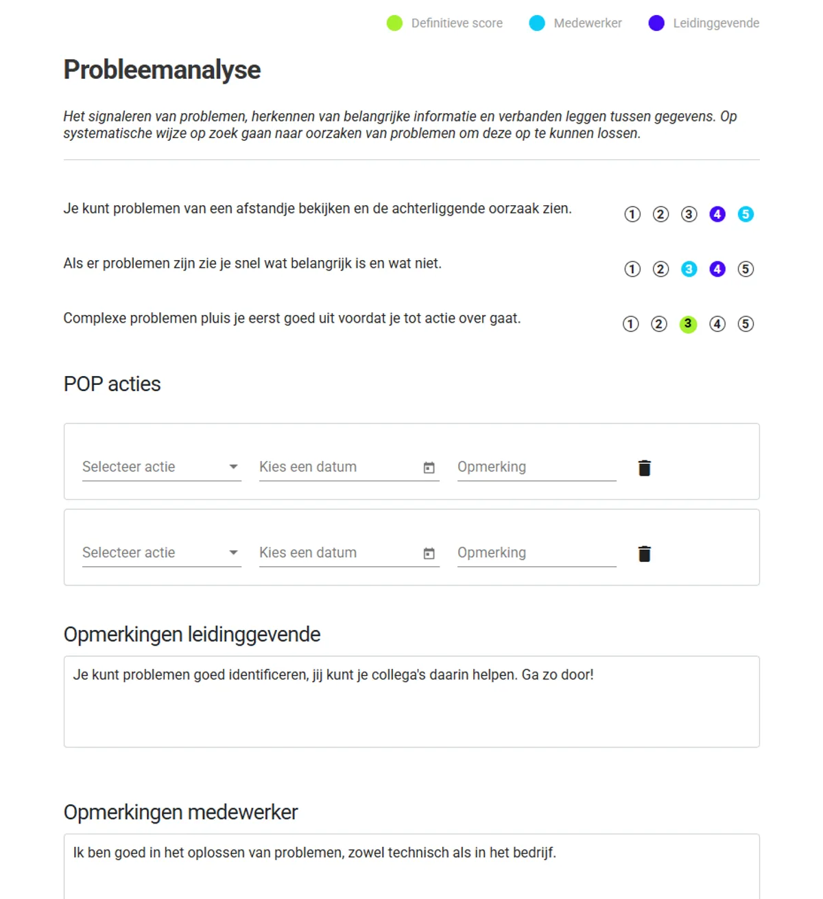 Het evaluatieformulier met scores per competentie